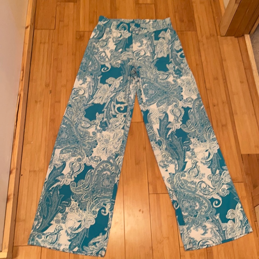 Teal, White, and Gold Flowy Pants